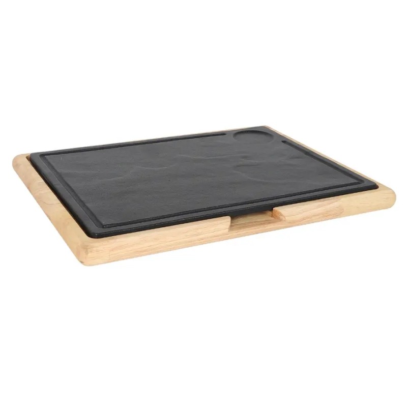 Placa hierro fundido rectangular bandeja madera 33x24