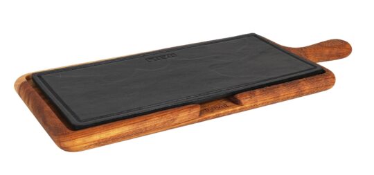 Placa hierro fundido alargada bandeja madera 37x17