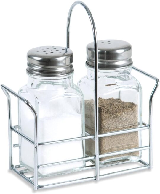 Juego salero pimentero cristal cuadrado base inox